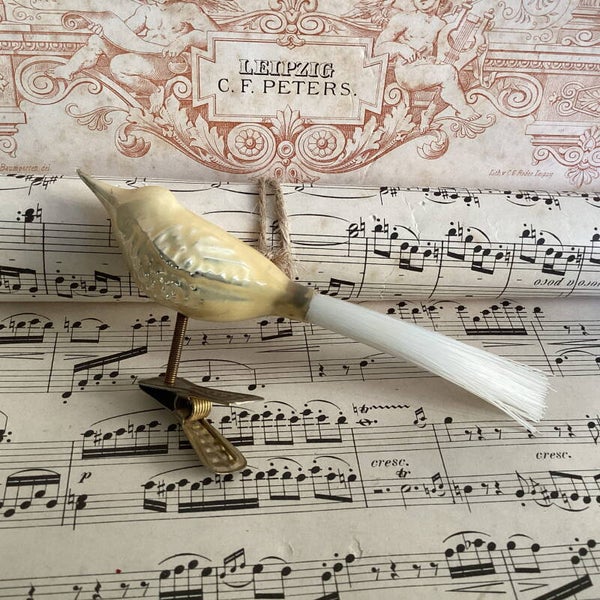 Antieke kerstbal vogel gelig wit 13 cm fiberstaart, clip