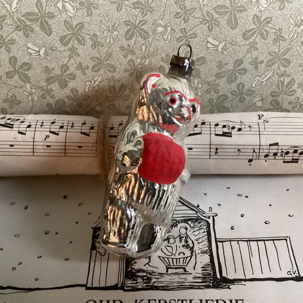 Antieke kerstbal beer met mof 9x4x3 cm