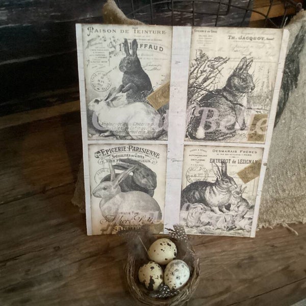 Kartonnen afbeelding hazen met franse tekst 19x23 cm