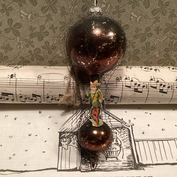 Antieke kerstbal luchtballon groen met fillegraindraad harlekijn 12 cm