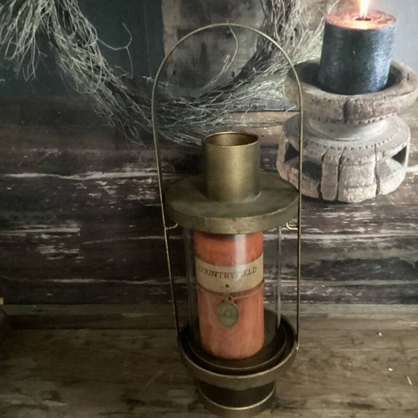 Windlicht koper metaal met glas en kaars hoogte 41 cm (set van 2)