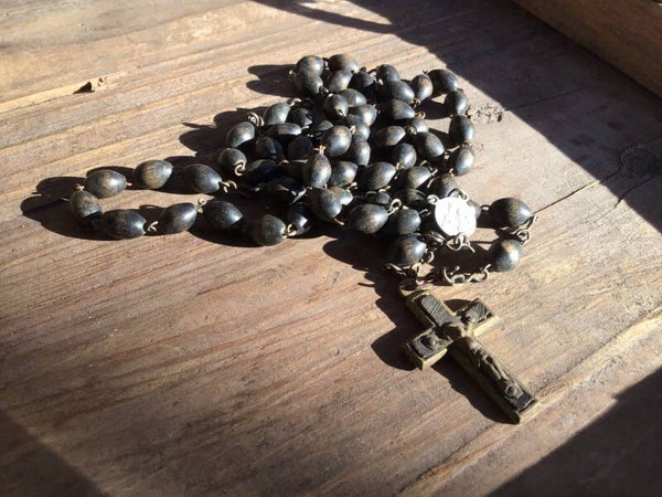 Antieke rozenkrans 50-60 cm Maria Jezus op medaillon