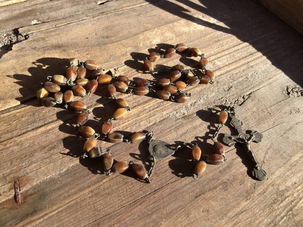 Antieke rozenkrans 50-60 cm natuursteen bruine kralen