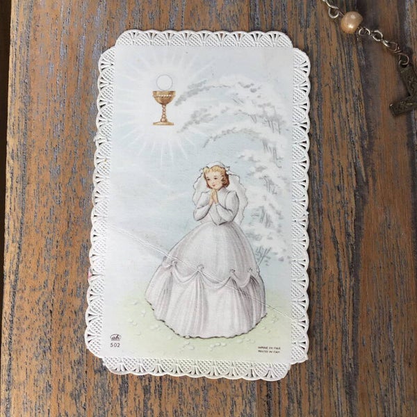 Religieus  H.Communie prentje met kanten rand 10x5 cm