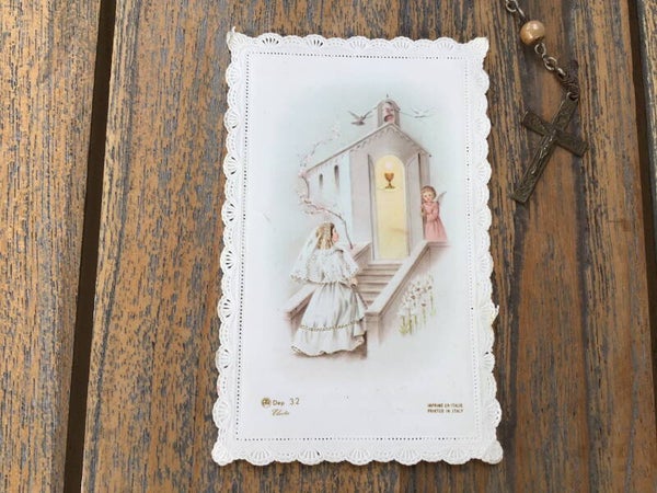 Religieus  H.Communie prentje met kanten rand 10x5 cm