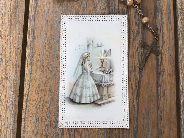 Religieus  H.Communie prentje met kanten rand 10x5 cm