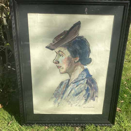 Marguerite Mourier (1910-1987) frans olieverf schilderij, dame met hoed met lijst en glasplaat 54x77 cm