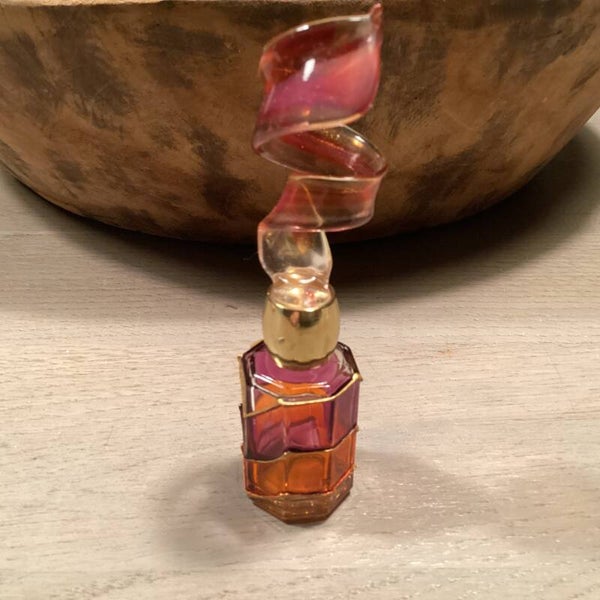 Vintage Parfumflesje met mooie glazen krul 10 cm,oranje paars goud