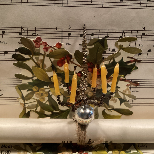 Antieke kerstbal kroonluchter, tinsel, glazen kraal, 5 waxkaarsjes, beauty, 10x6x6 cm