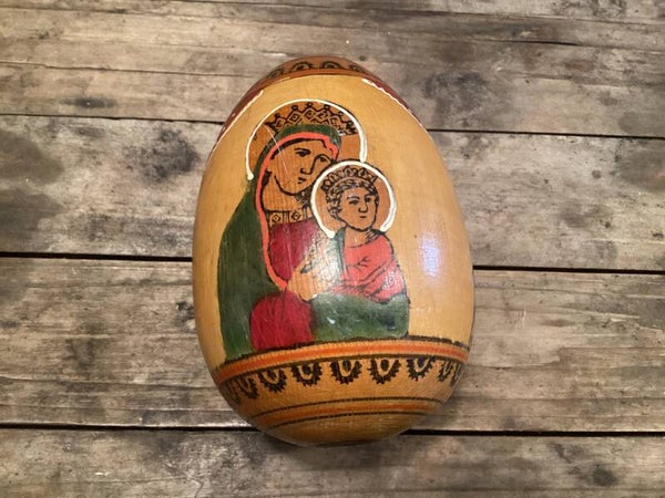 Antieke houten ei, handbeschilderd, 10x7 cm