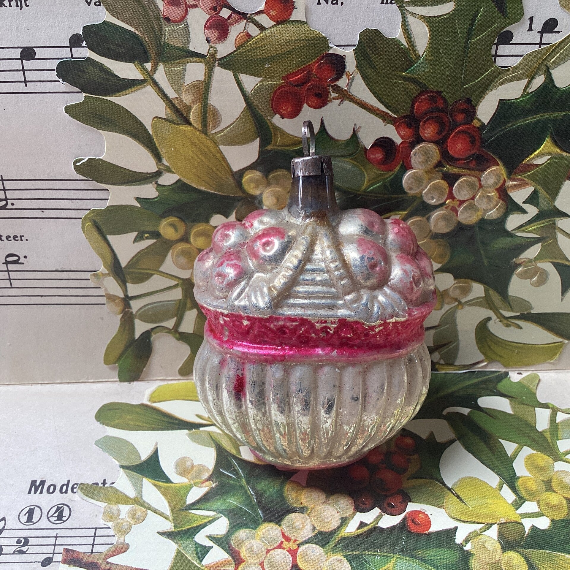 Antieke fruitmand zilver roze gewaxt, beauty! 7 cm