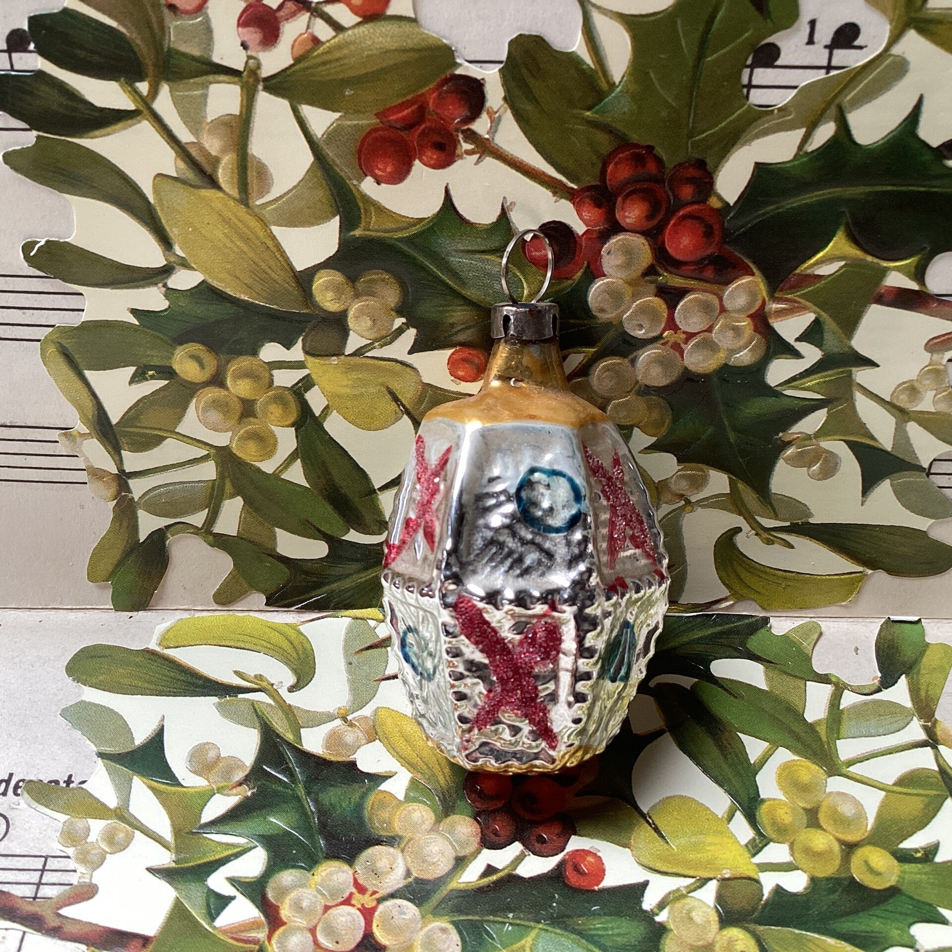 Antieke kerstbal lampion goudgeel, rood blauw, vlakken, 6 cm