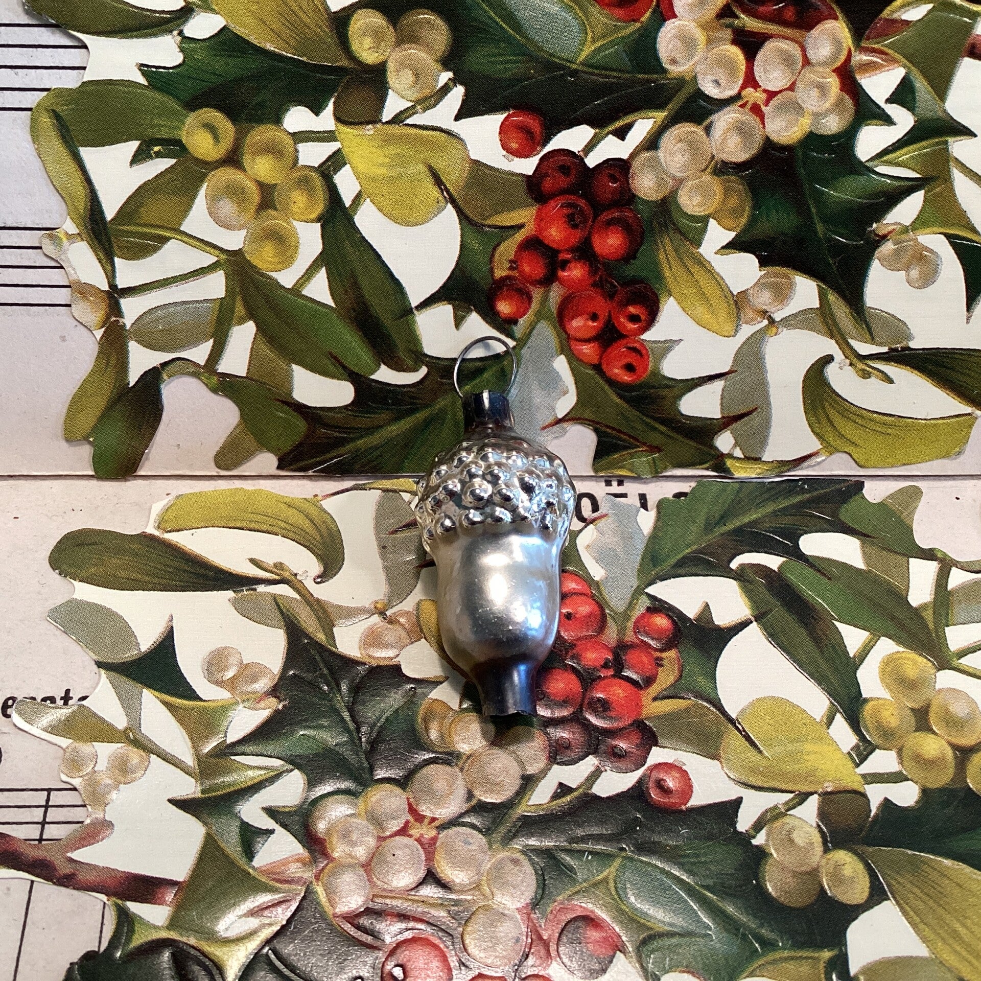 Antieke kerstbal eikeltje, 3 cm, zilverkleurig