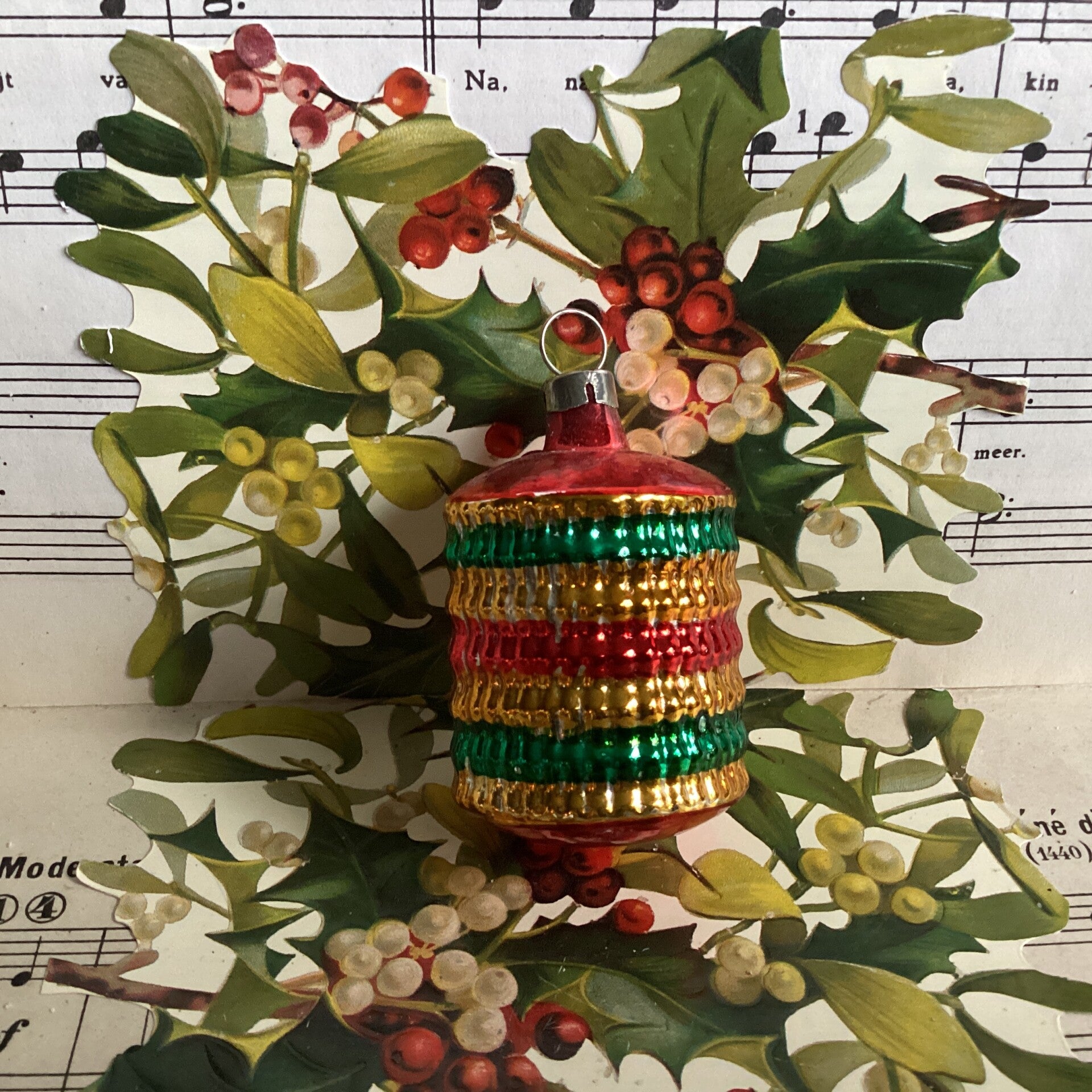 Antieke lampion , groen, goud, rood, 8 cm