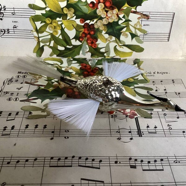 Antieke kerstbal kraanvogel met fibervleugels en staart, 20x 10x4 cm