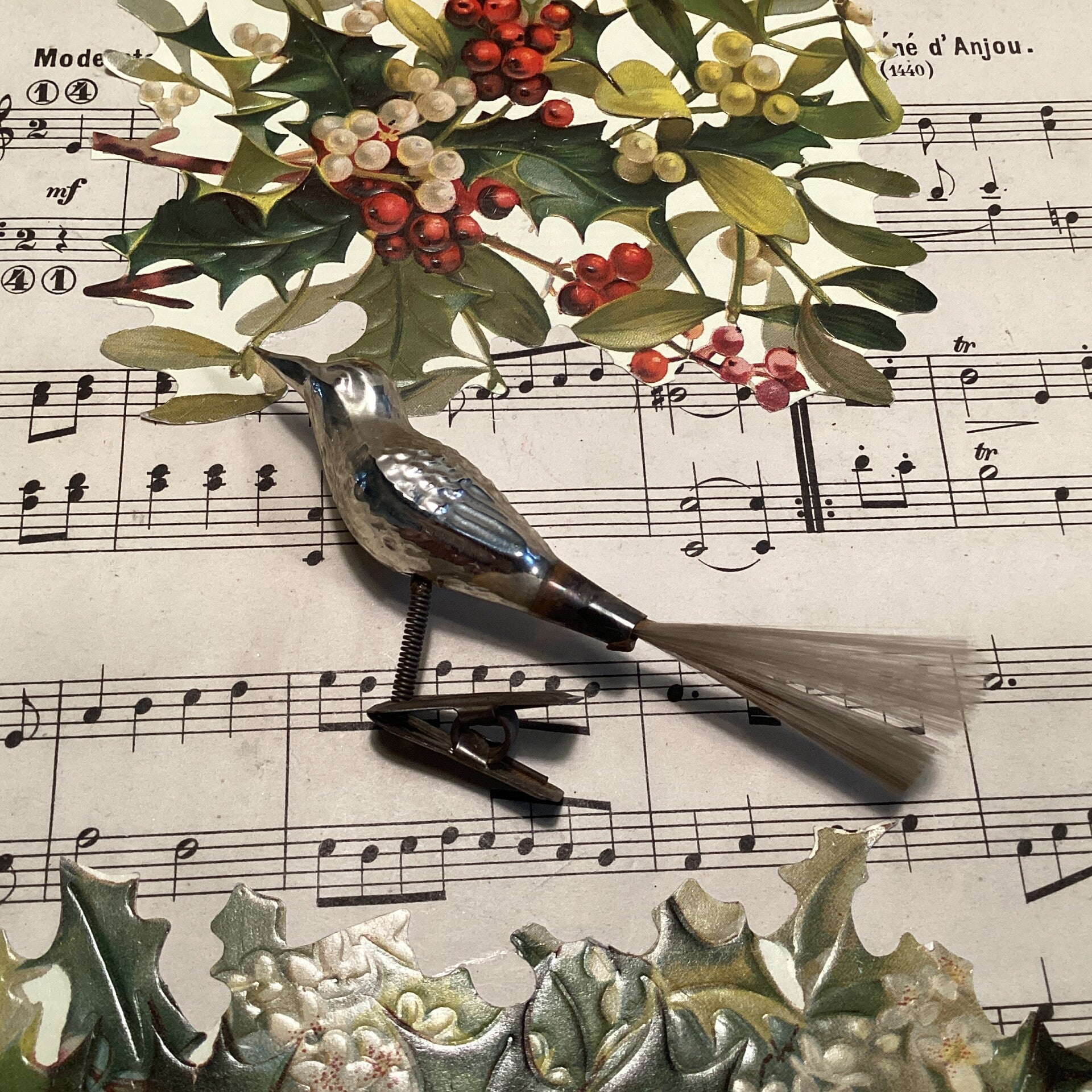 Antieke kerstbal vogel op clip met fiberstaart, zilverkleur, 10 cm, fijntjes