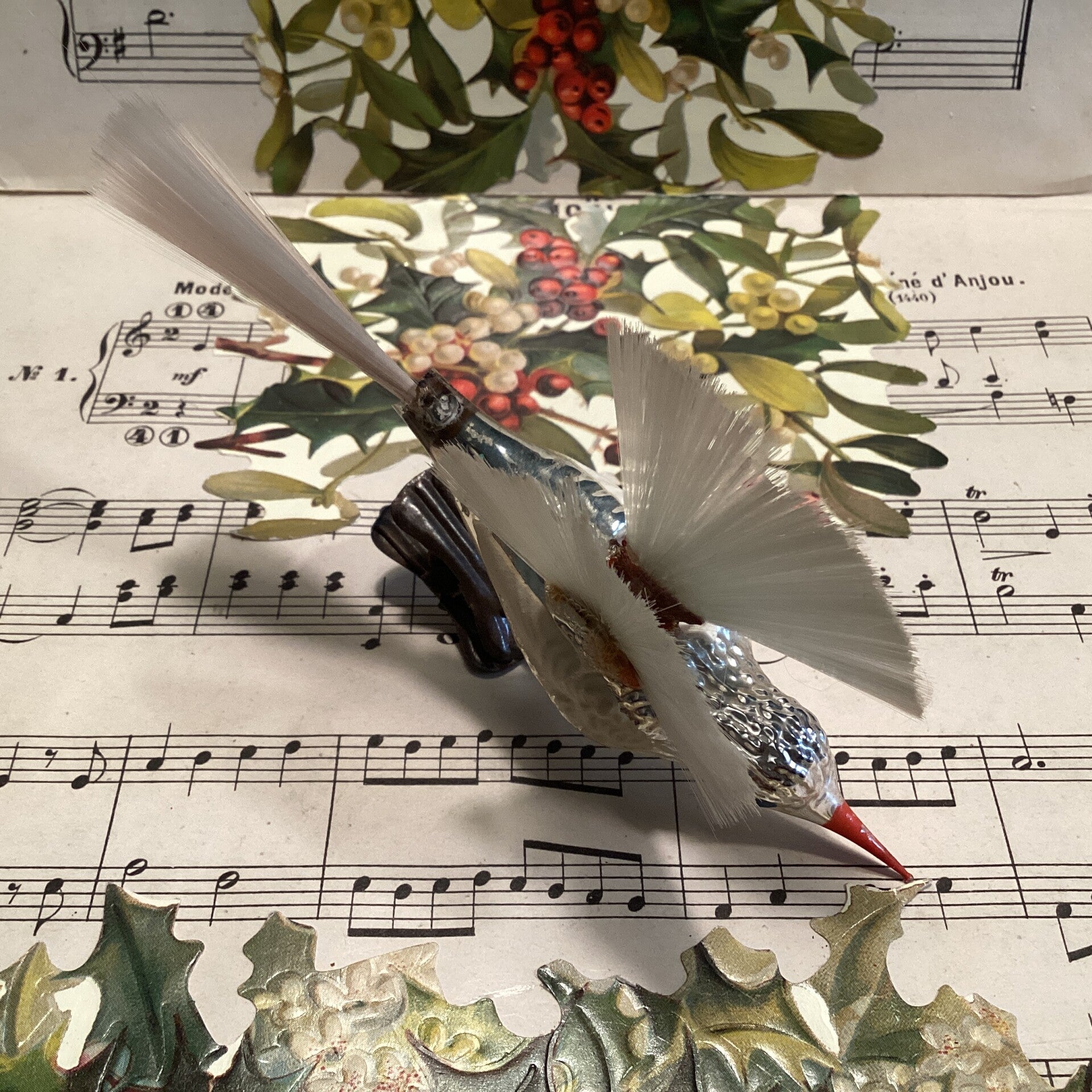 Antieke kerstbal vogel op clip met fiberstaart, fibervleugels, zilverkleur, 14x8x2 cm