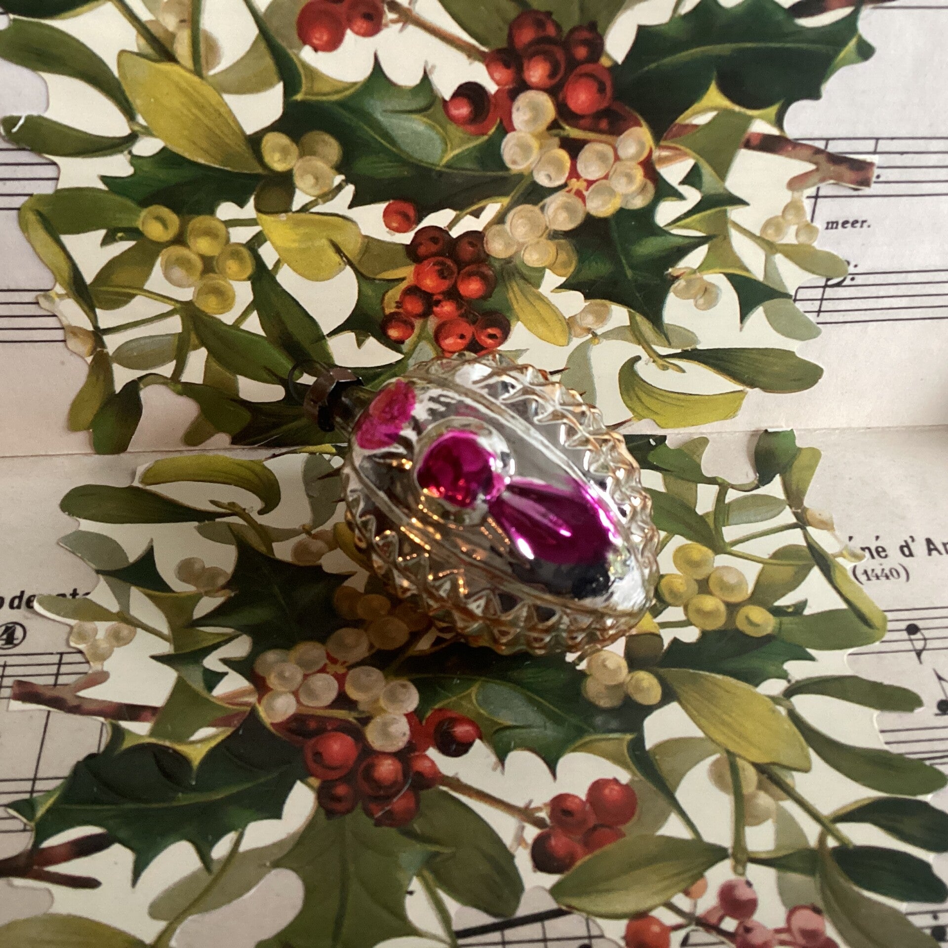 Antieke kerstbal lampion, roze zilver, oranje, reliëf, 7 cm