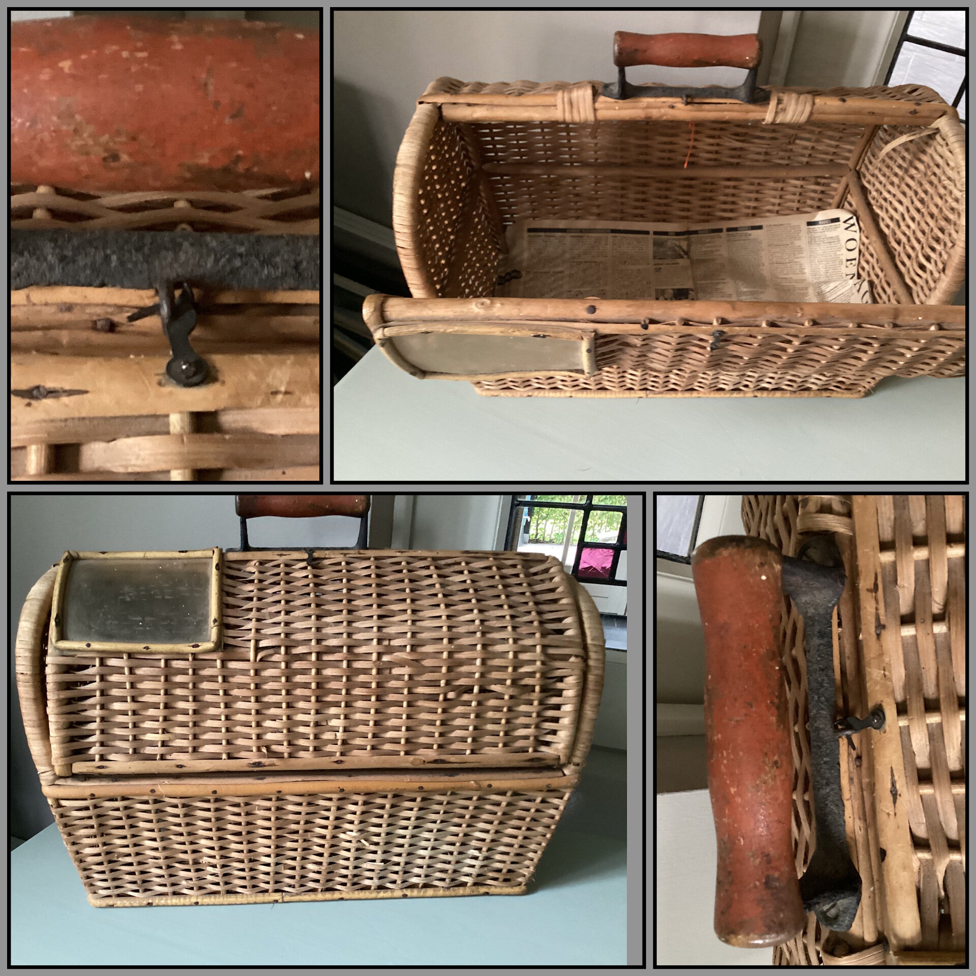 Antieke reiskoffer met houten handvat en venster periode 1940-45