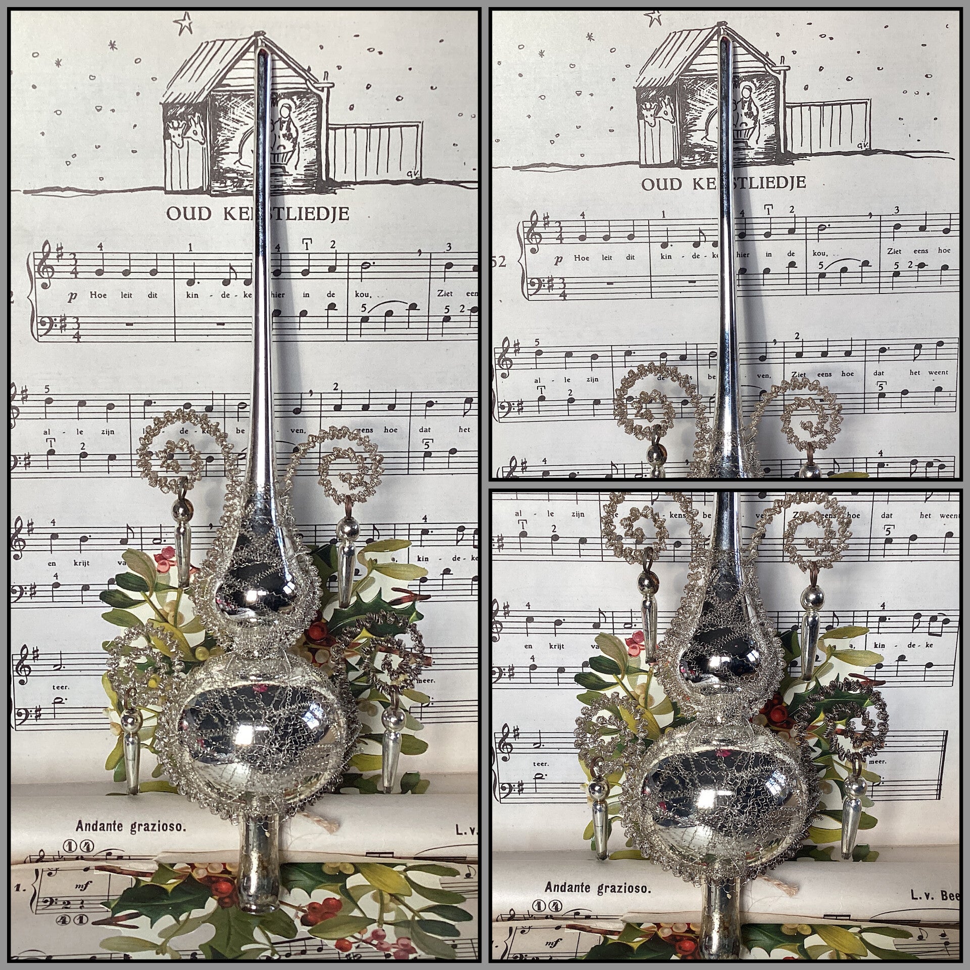 Antieke kerst piek met 4 pegels, leonisch draad, 30 cm