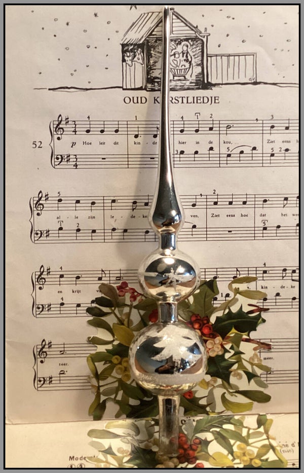 Glazen oude kerst piek zilverkleur bewerkt, gesuikerde kerstboom en komeet, 29 cm