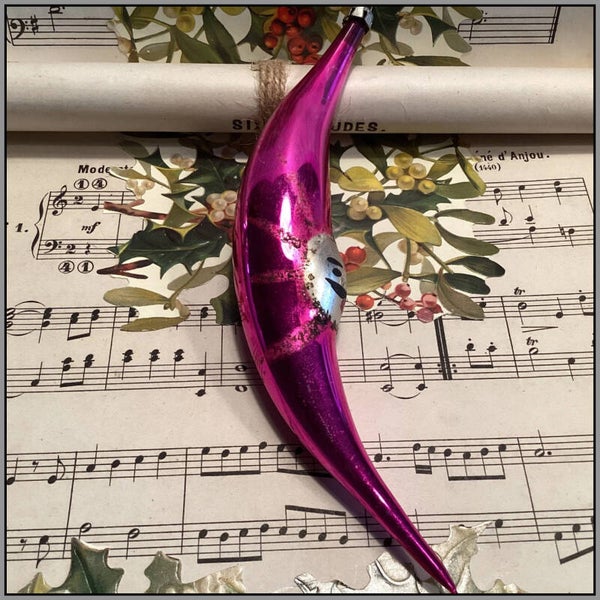 Antieke kerstbal maan 20 cm, roze met gezicht