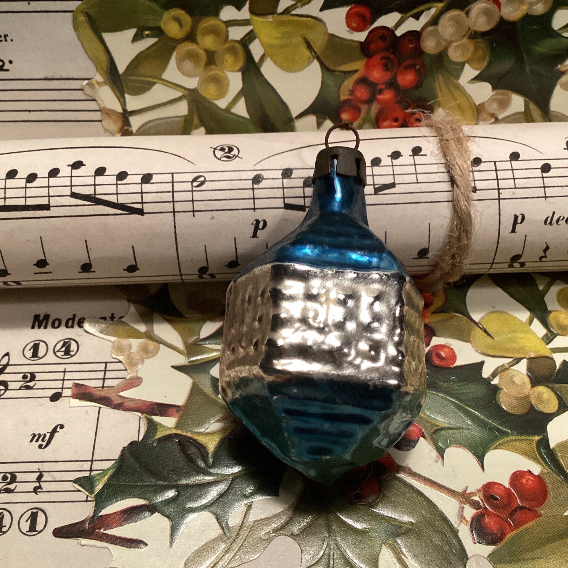 Antiekekerstbal lampion blauw zilver 3 cm