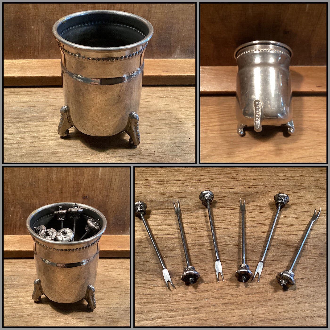 Verzilverd bakje op 3 bewerkte pootjes, parelrand, 8,5 cm hoog