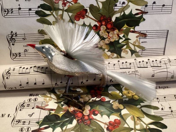 Antieke kerstbal kolibri vogel met fibervleugels en staart, melkwit, 13 cm