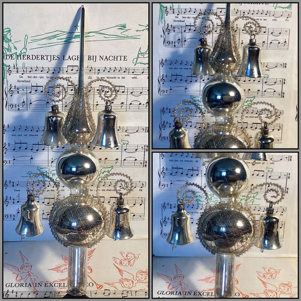 Antieke kerstpiek zilver met leonisch draad, 4 klokjes met klepels, 30 cm