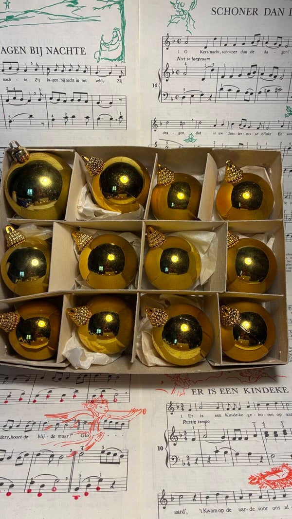 Kunststof jaren 60 kunststof gouden kerstballen, diam. 7 cm