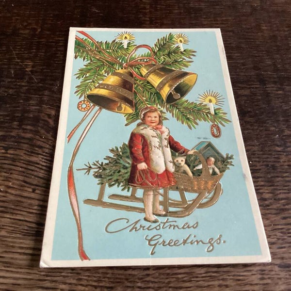 Antieke kerstkaart begin 1900, goudaccenten, reliëf, USA