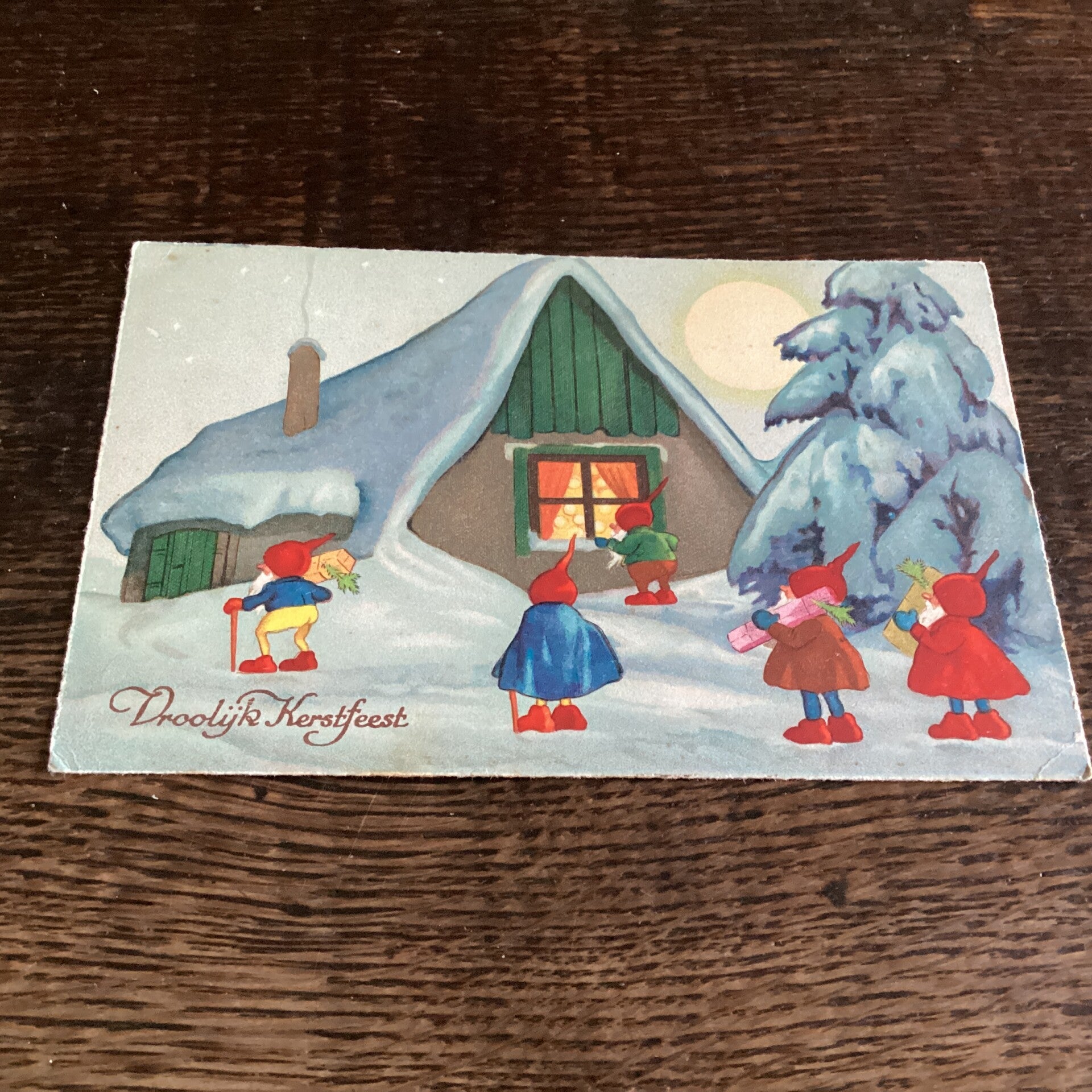 Antieke kerstkaart begin 1934, kabouters