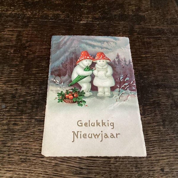 Antieke nieuwjaarskaart begin 1929 Sneeuwpoppen met paddenstoelhoedjes