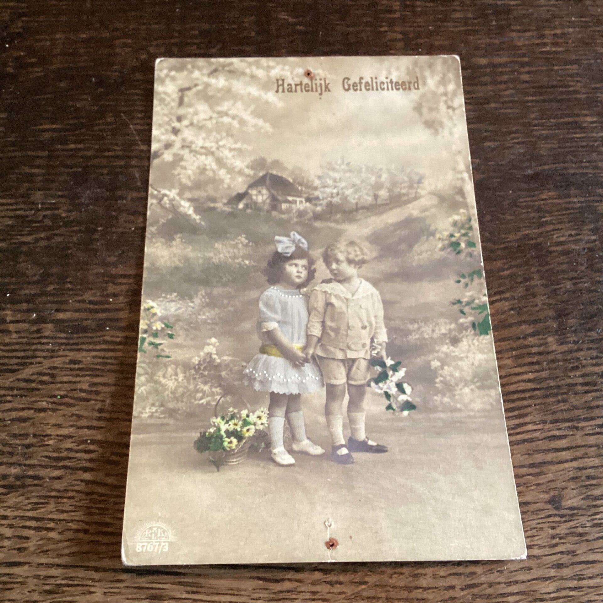 Antieke verjaardagskaart, fotokaart, ingekleurd, 1920