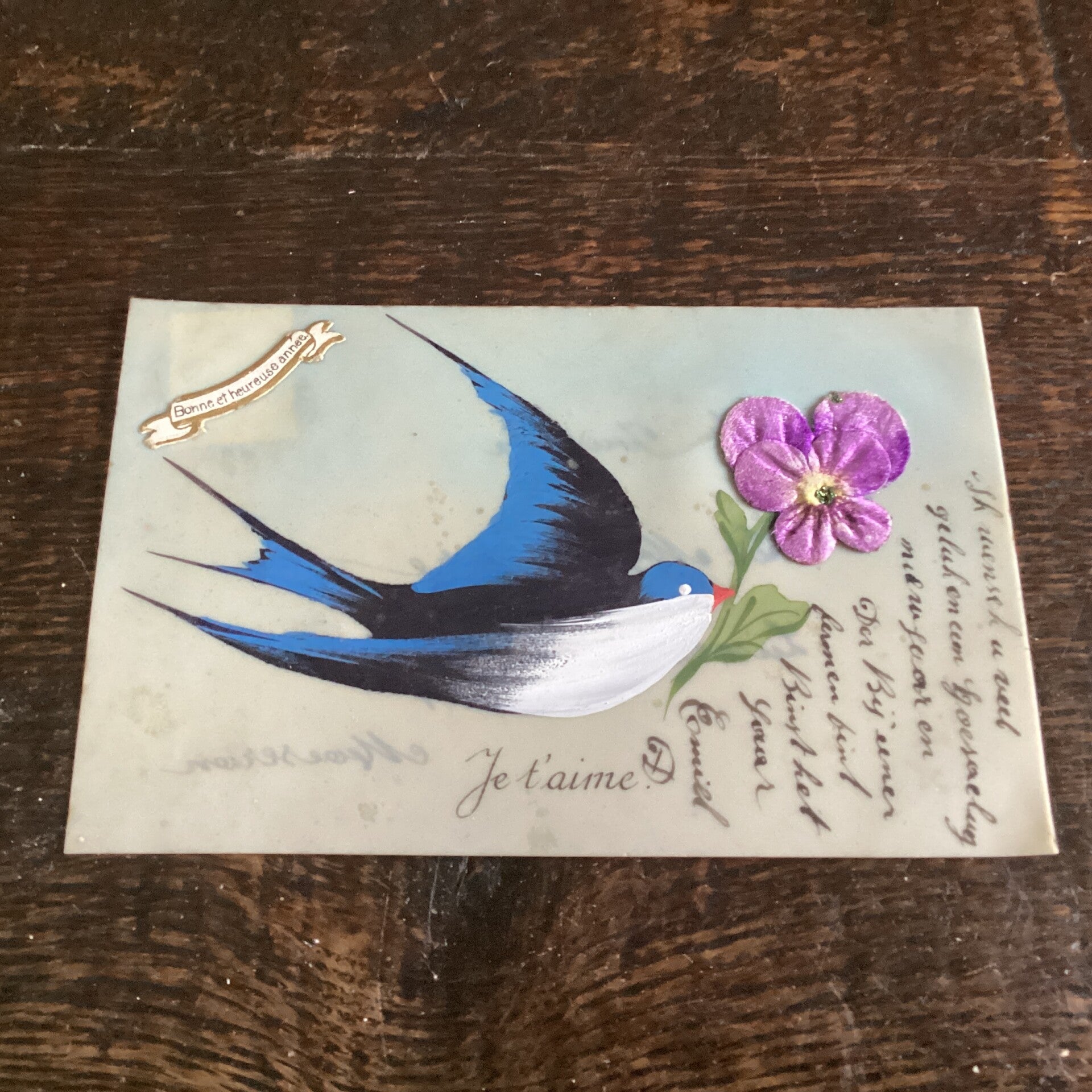 Oude celluloïd ansichtkaart handbeschilderd