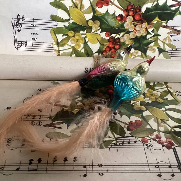 Antieke kerstbal dubbele vogel gekleurd op clip met nestje