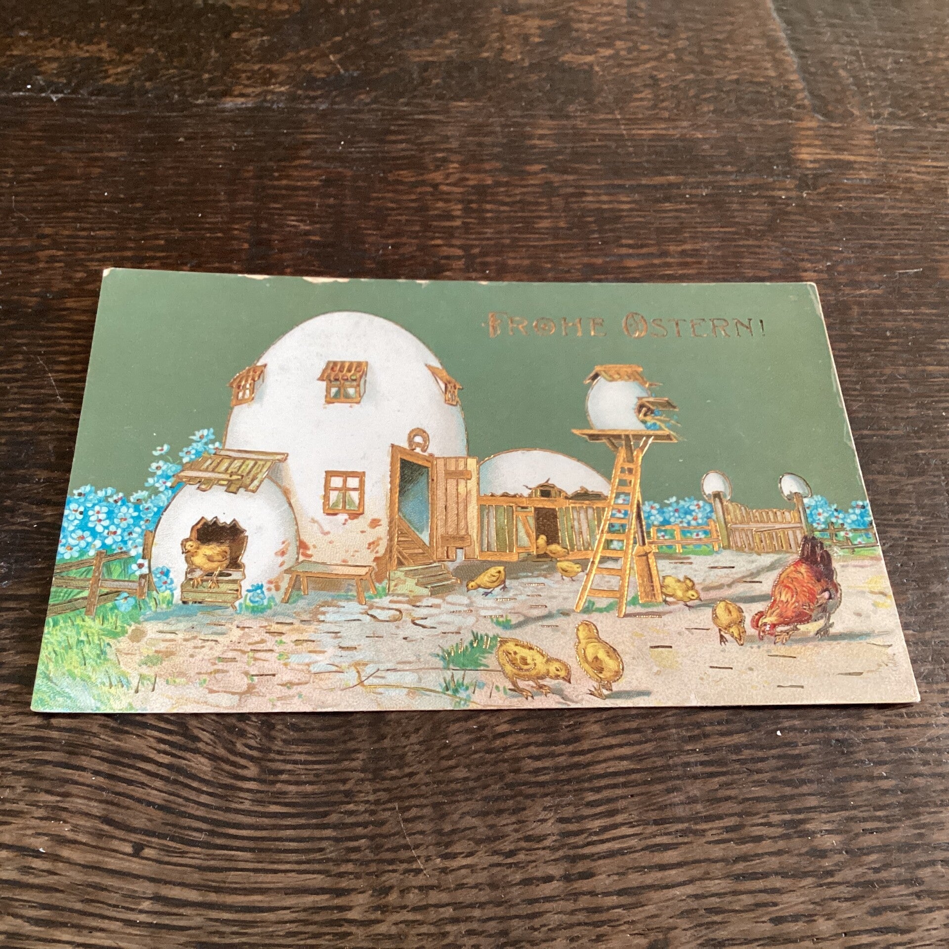 Antieke paaskaart met kuikens, goudaccenten, 1914