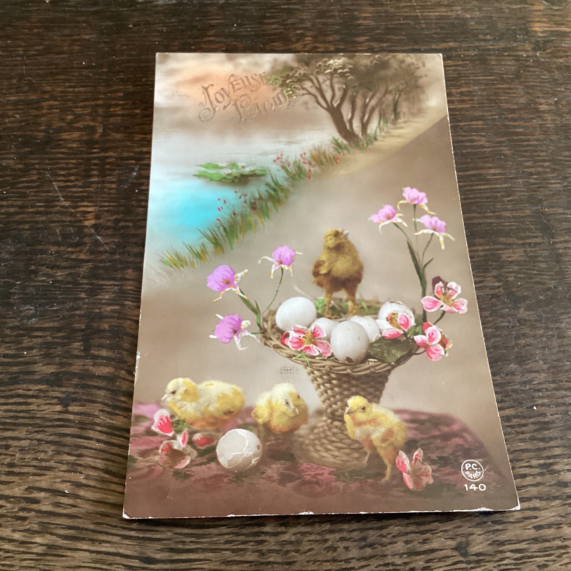 Antieke paaskaart met kuikens, ingekleurde fotokaart, 1920