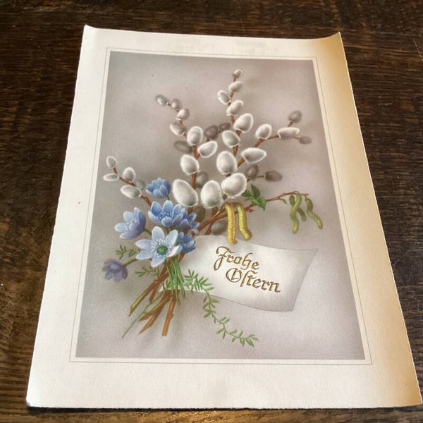 Antieke paaskaart bloemen, katjes, 1953
