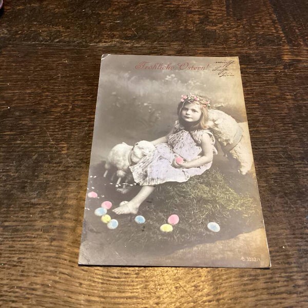 Antieke paaskaart met lammetjes en kind, 1903