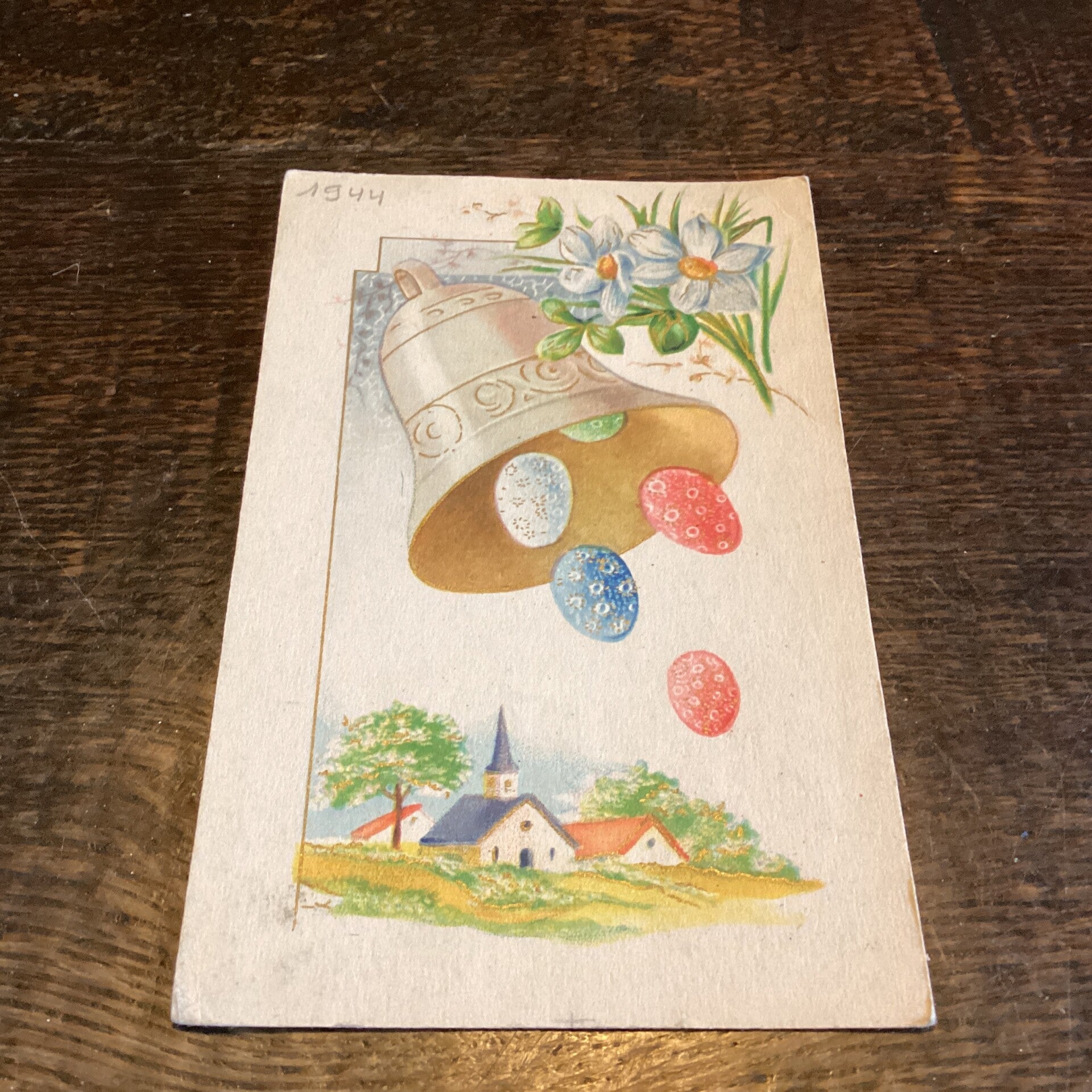Antieke paaskaart met klok en eitjes, 1944