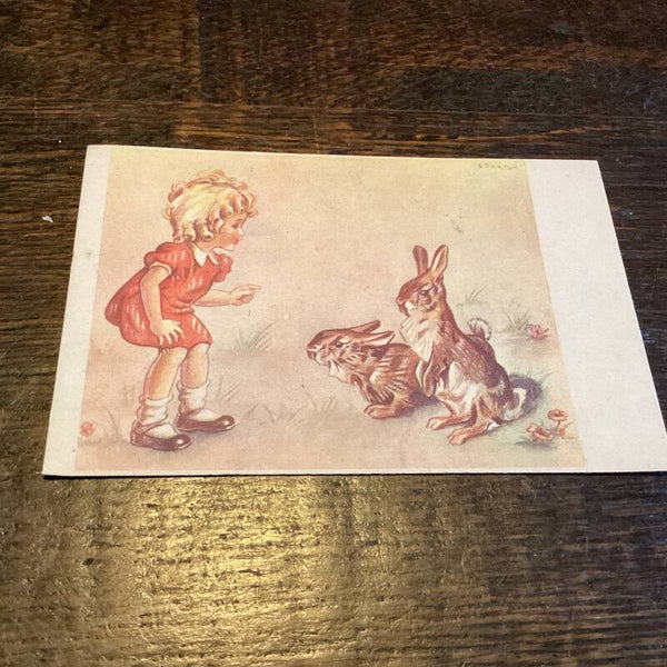 Antieke paaskaart onbeschreven, begin 1900, haasjes met kind