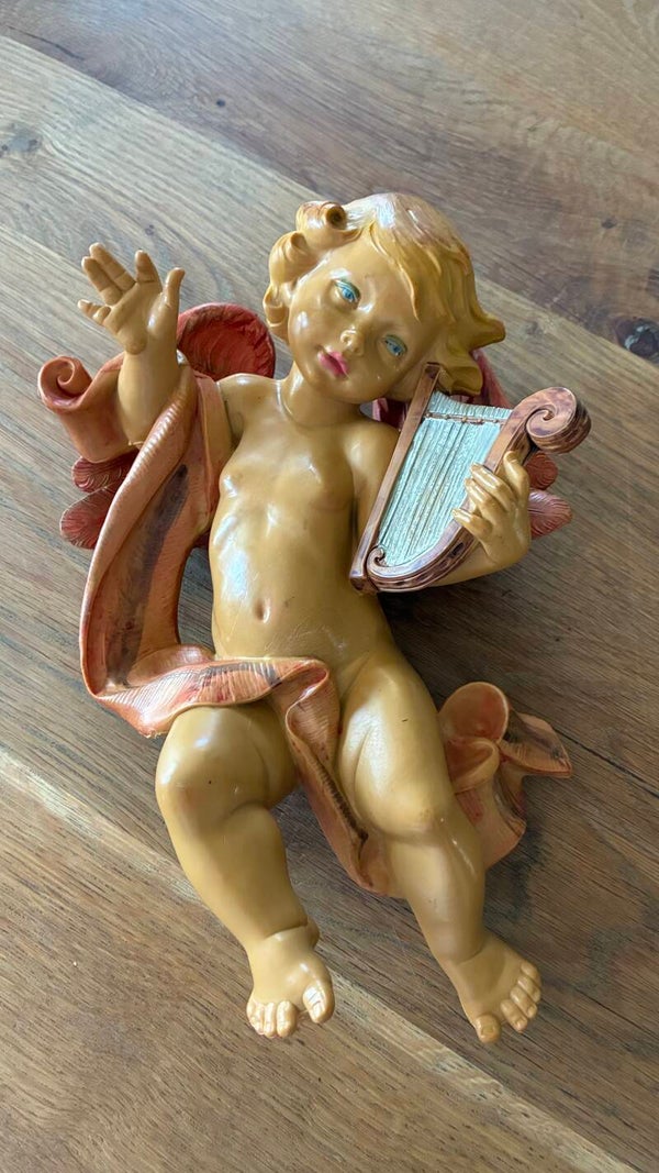 Mooie grote oude engel 28 cm uit Italië met harp
