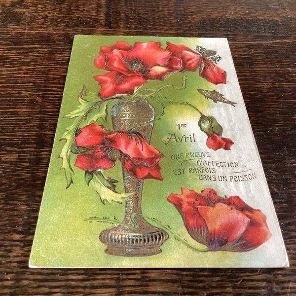 Antieke bloemenkaart in reliëf, goudaccenten, begin 1900,Prachtig!