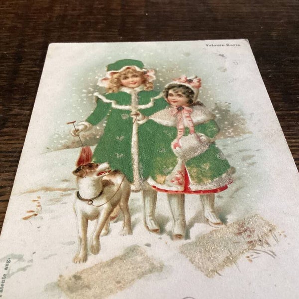 Antieke kinderkaart met velours, beschreven, 1901