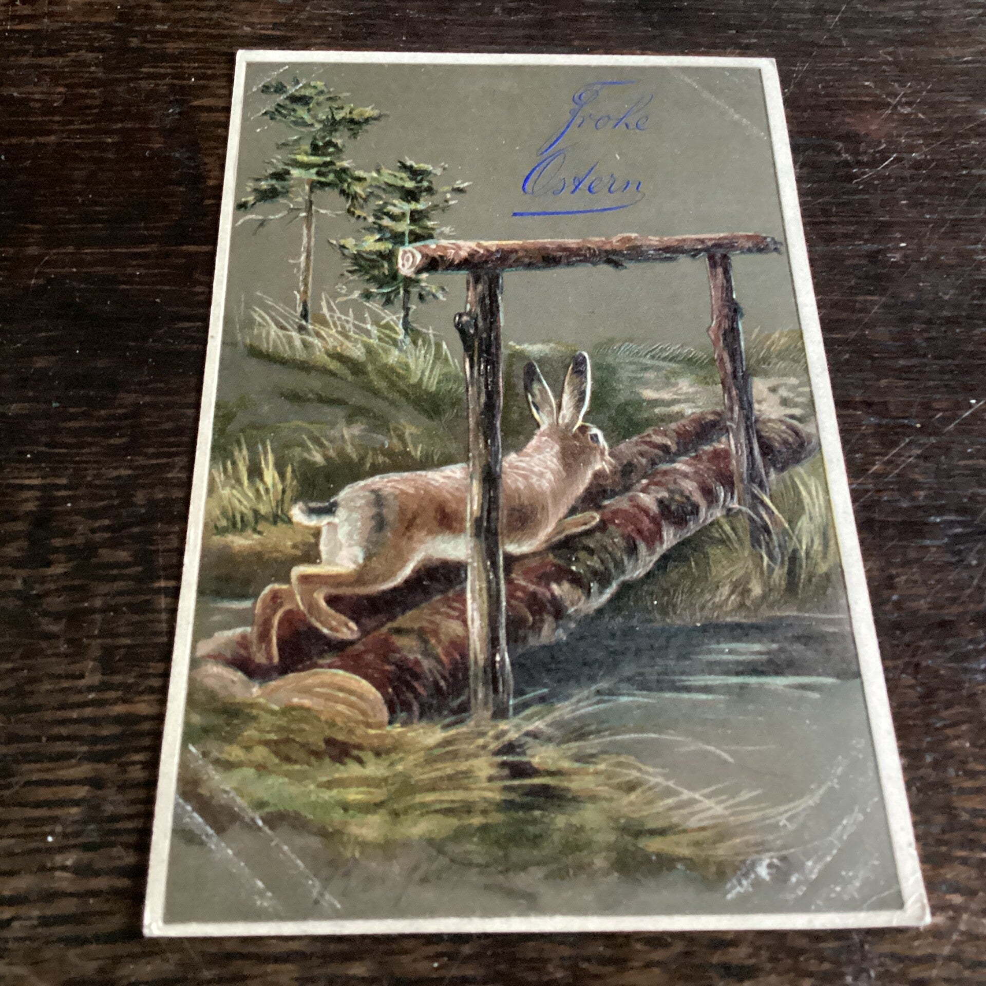 Antieke paaskaart met haas in reliëf, prachtig, 1908