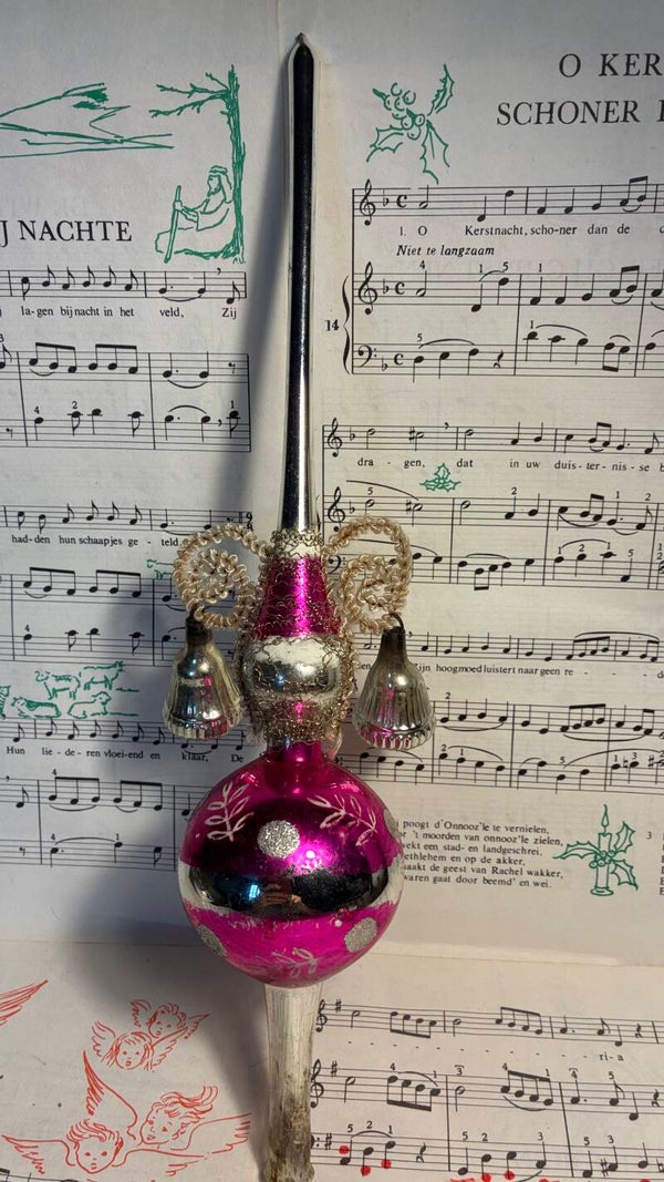 Antieke kerstpiek roze zilver met klokjes en chenille, 32 cm