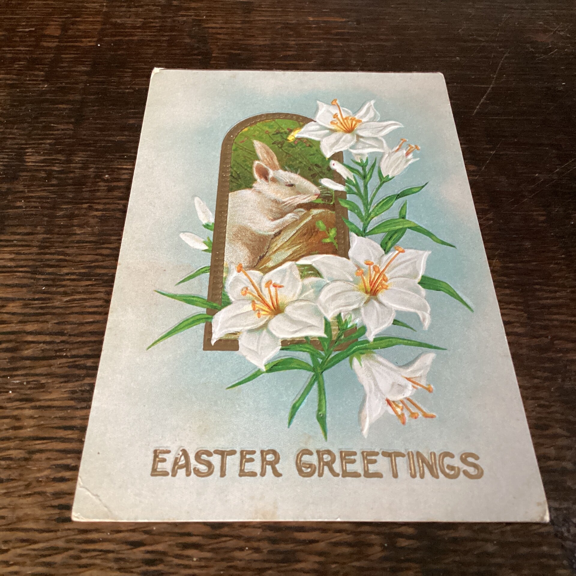 Antieke paaskaart 1911, met haas, in reliëf