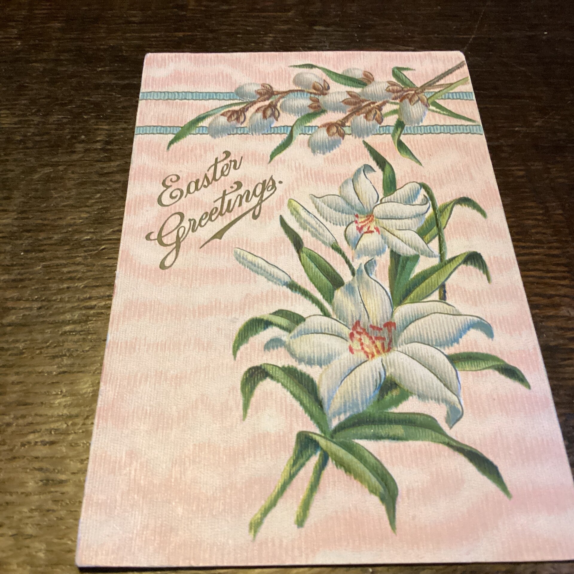 Antieke paaskaart in reliëf, USA, bloemen en katjes,begin 1900